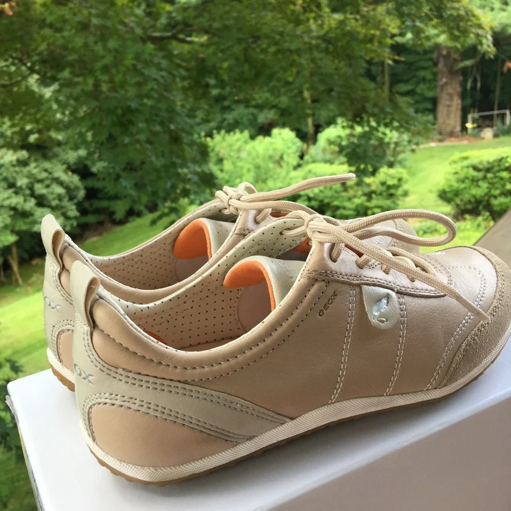 Geox Beige Respira Leather Lave Comfortable Sneakers